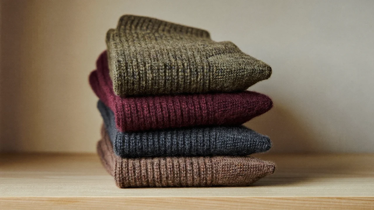 Paires de chaussettes en laine épaisse empilées sur une étagère en bois clair