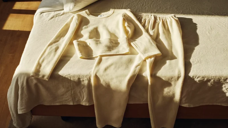 Ensemble d'intérieur en coton posé à plat sur un couvre-lit en lin
