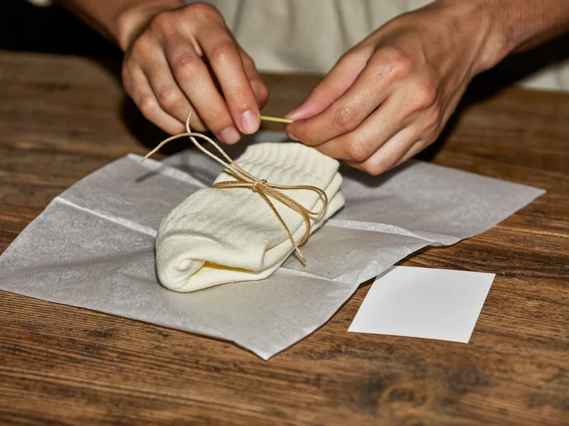 Mains pliant une paire de chaussettes et la nouant avec de la ficelle kraft