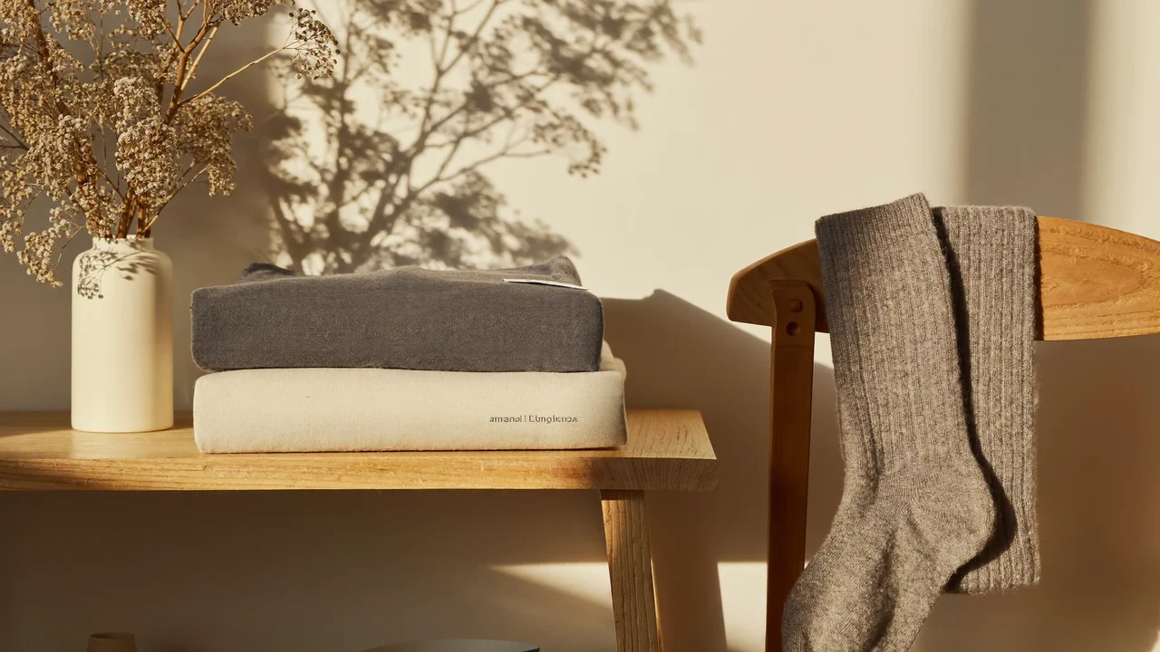 Étagère de chambre : vêtements d'intérieur pliés, vase de fleurs séchées et chaussettes sur une chaise
